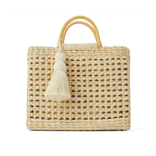 Fashion Women Summer Straw Crossbody Bag with Cute Tassels Pendant, Hand-Woven Beach Shoulder Bag with Top Wooden Handle Tote Bag (Beige)