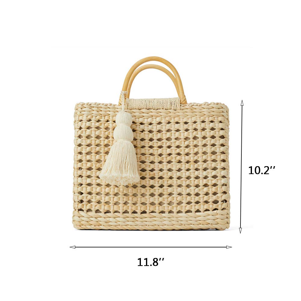 Fashion Women Summer Straw Crossbody Bag with Cute Tassels Pendant, Hand-Woven Beach Shoulder Bag with Top Wooden Handle Tote Bag (Beige)